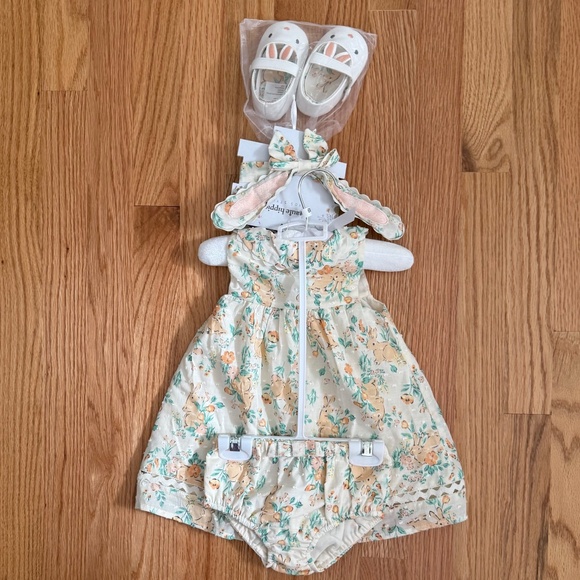 Haute Hippie Baby Girl Easter Dress W/Shoes, Bunny Ear Headband & Diaper Cover - Picture 5 of 16